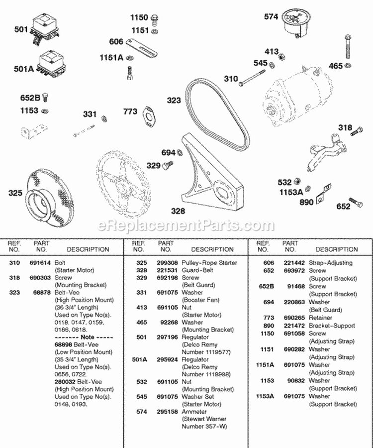 Regulator V-Belt Bracket Diagram and Parts List for 243431-0798-99  Briggs and Stratton Engine